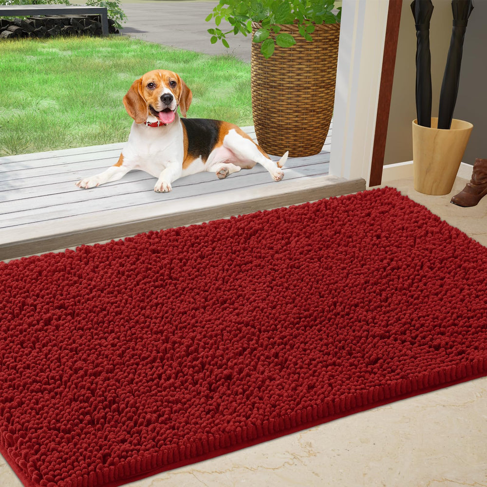 IM HOME Chenille Absorbent Indoor Door Mat in red, front view