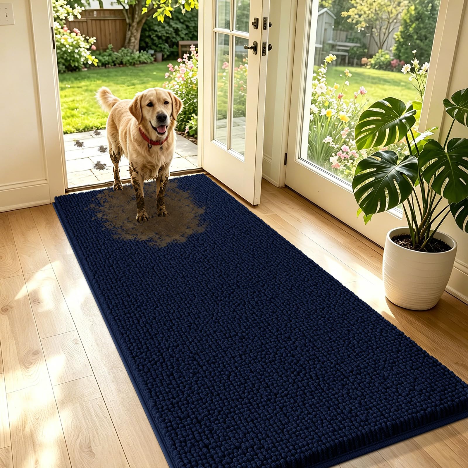 IM HOME Chenille Absorbent Indoor Door Mat navy blue front view