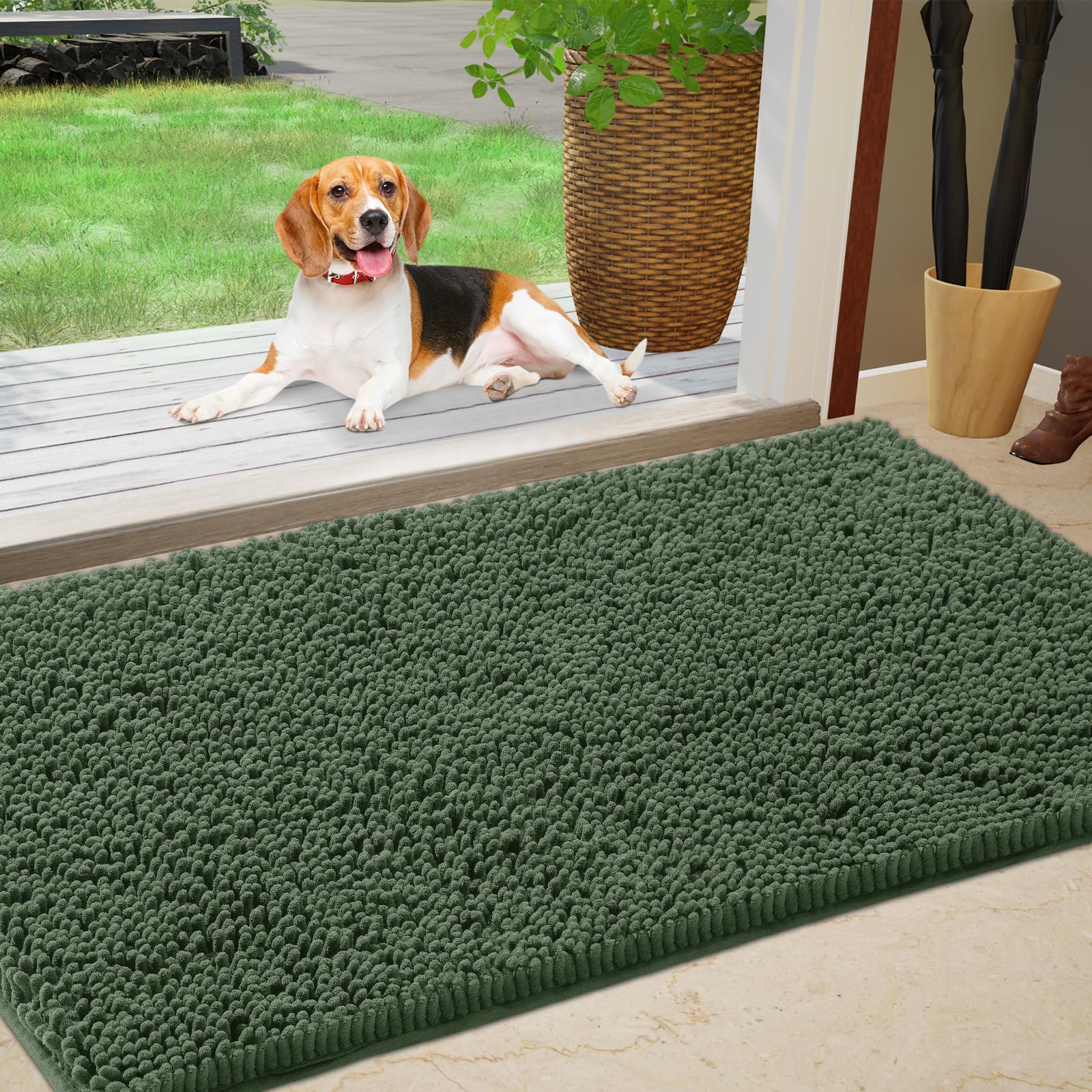 IM HOME Chenille Absorbent Indoor Door Mat olive front view