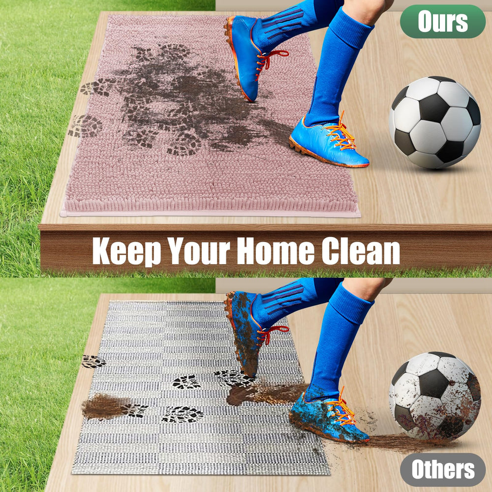 IM HOME Chenille Door Mat with muddy shoes on it
