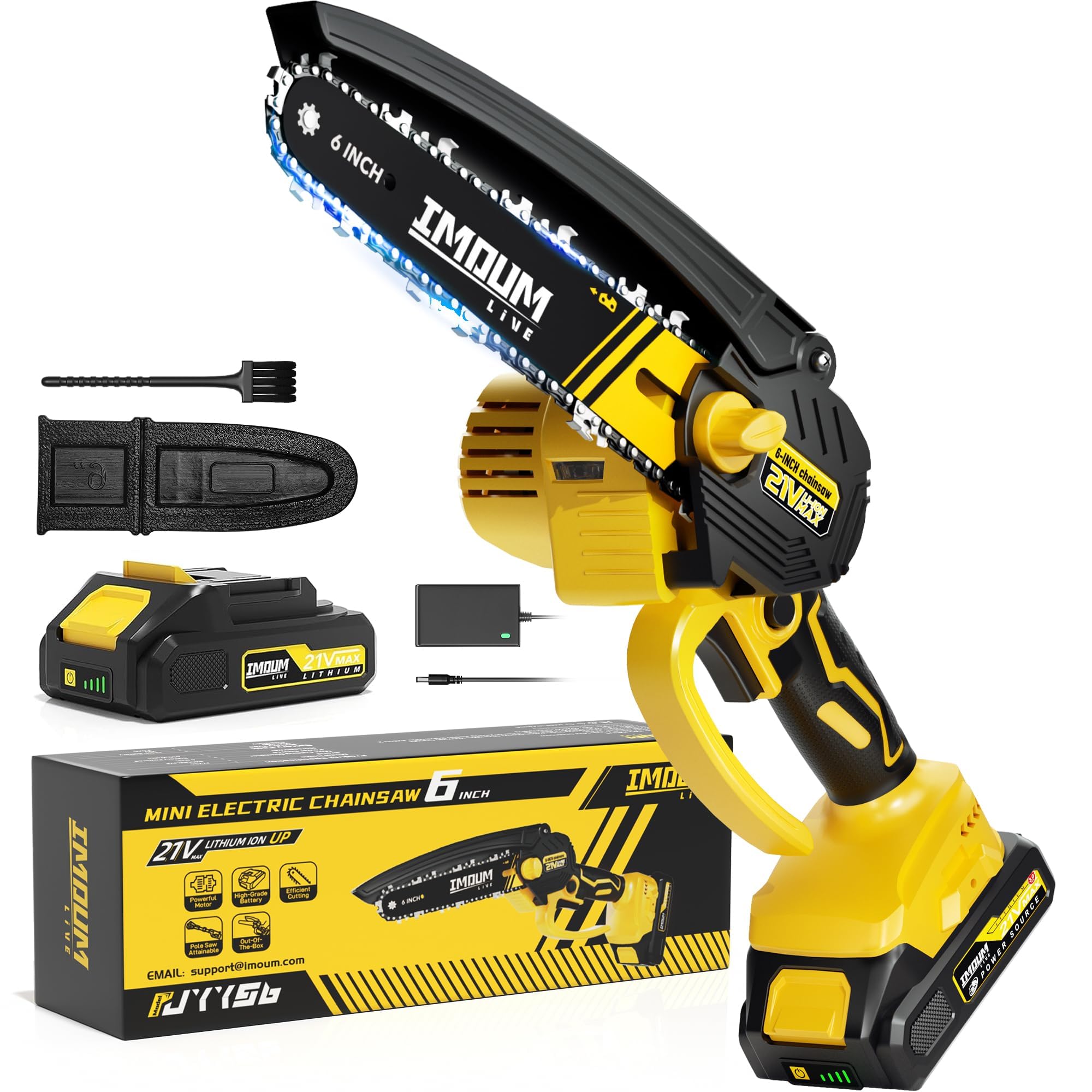IMOUMLIVE 6-Inch Mini Chainsaw front view with battery
