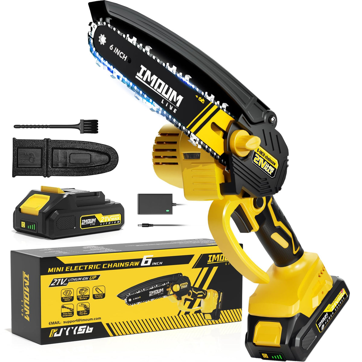 IMOUMLIVE 6-Inch Mini Chainsaw front view with battery