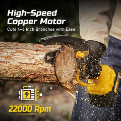 IMOUMLIVE Mini Chainsaw side view highlighting safety guard