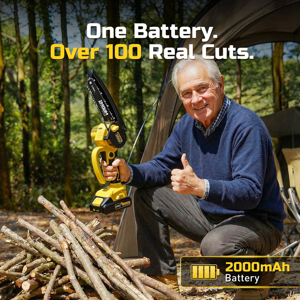IMOUMLIVE Mini Chainsaw yellow model on a garden table
