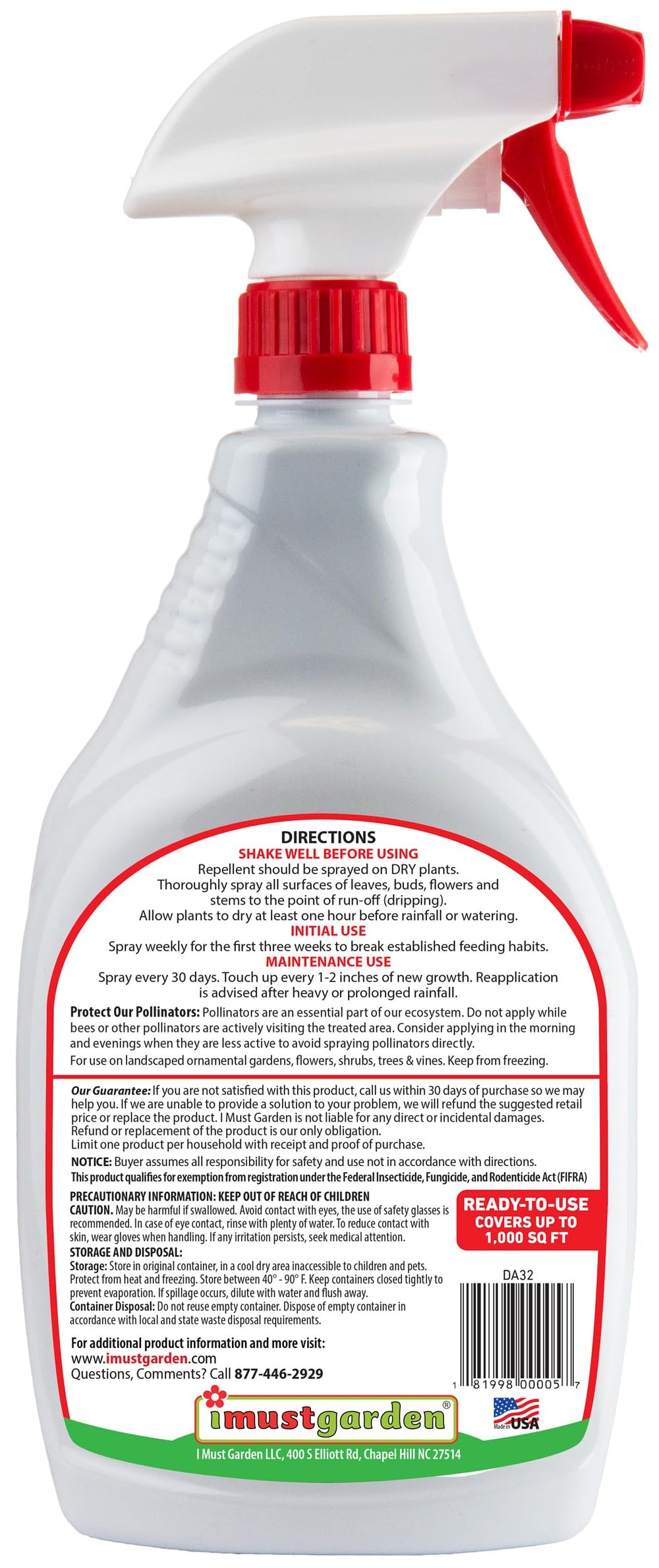 IMUSTGARDEN Deer Repellent 32oz spray bottle back view