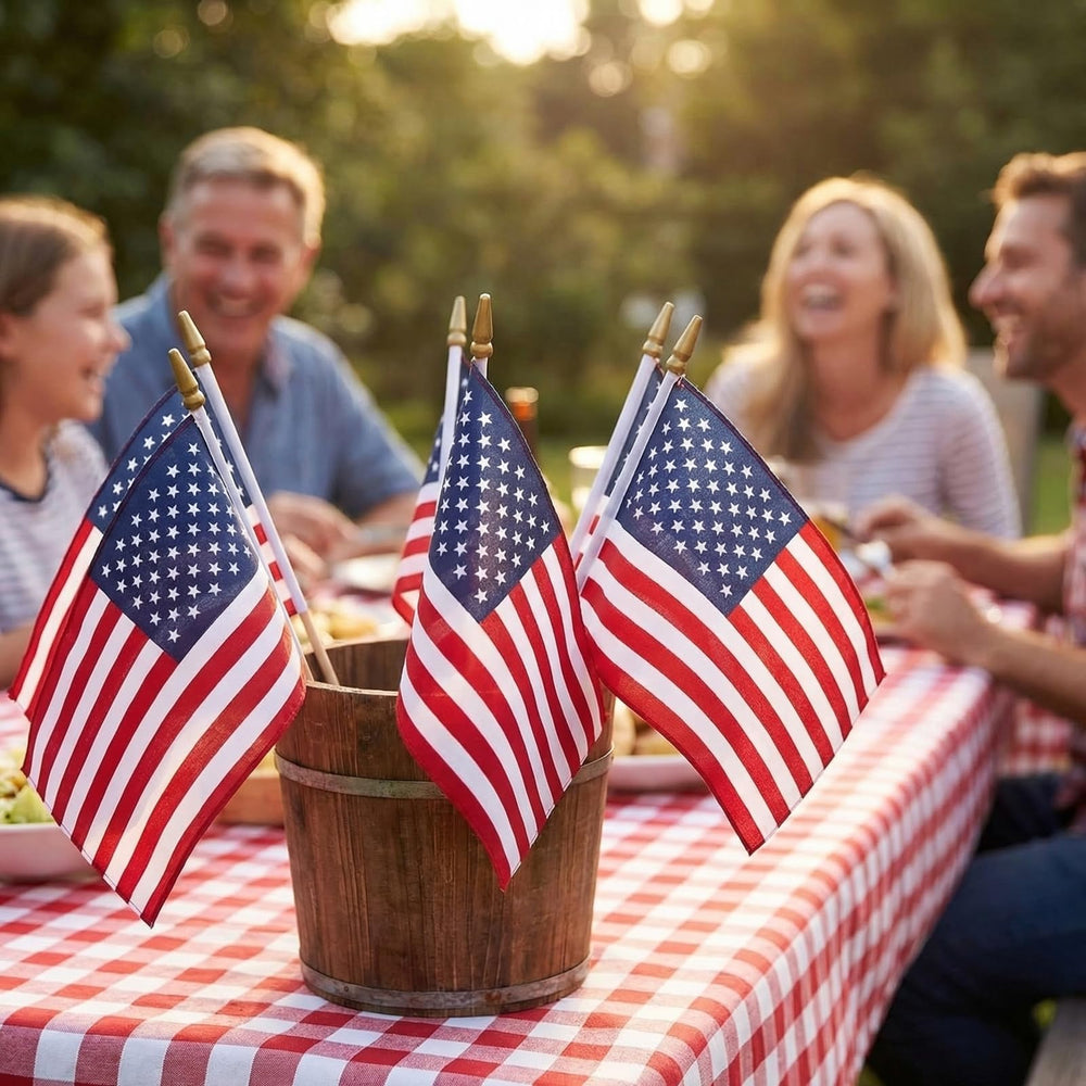 Independence Day celebration with American flags on sticks
