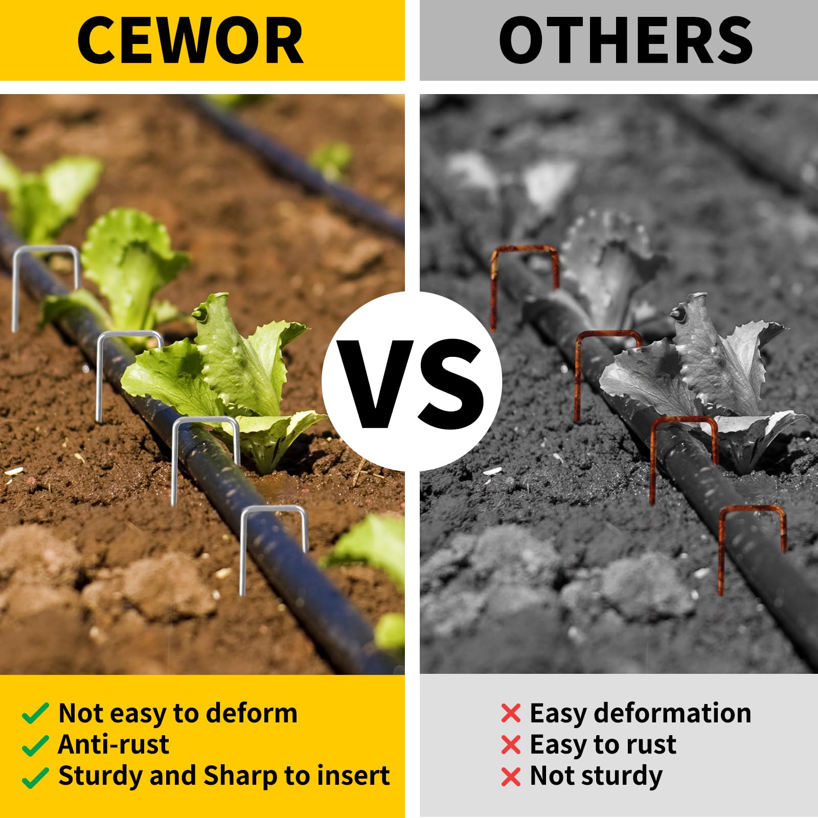 Individual CEWOR landscape staple showing 4 inch length and width