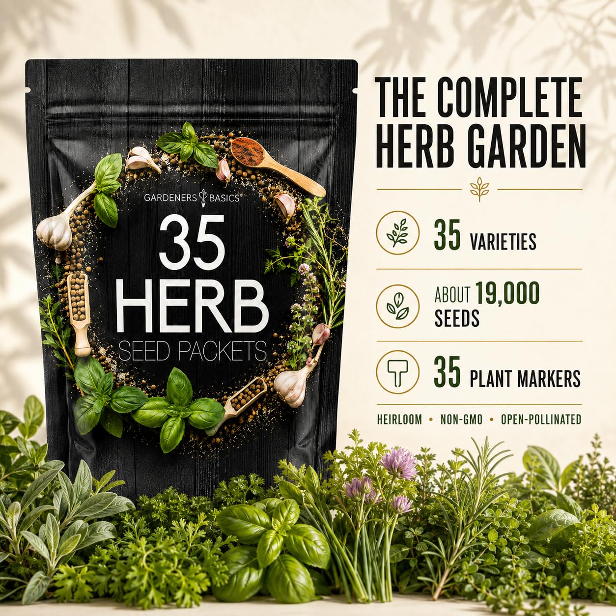 Individual seed packets and plant markers included