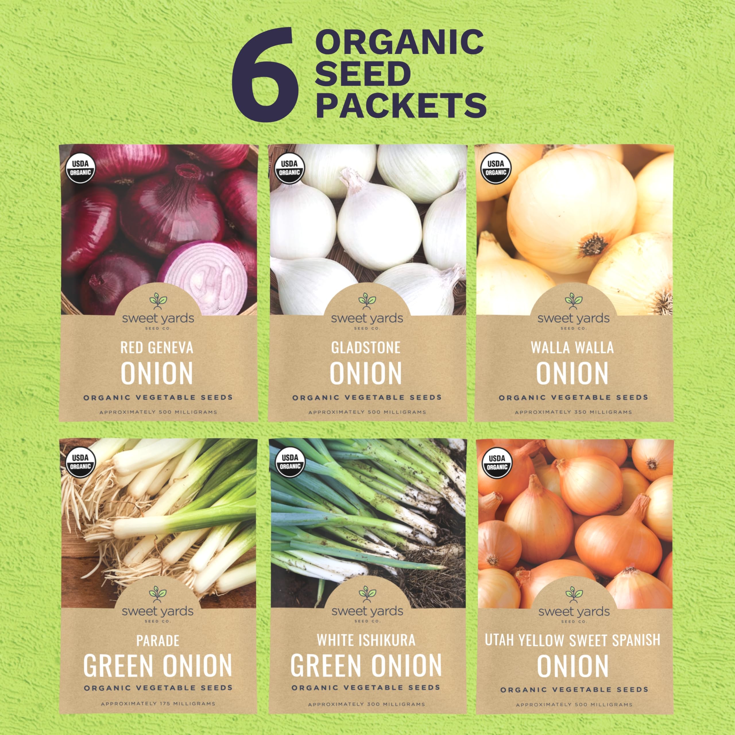 Individual seed packets from SWEET YARDS Organic Onion Seeds Variety Pack