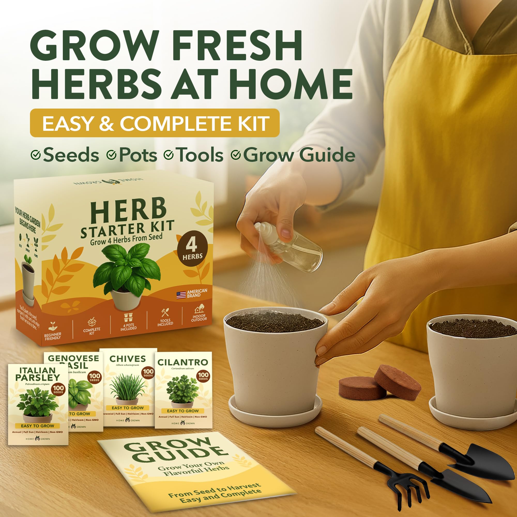 Indoor herb garden setup with fresh basil and tools