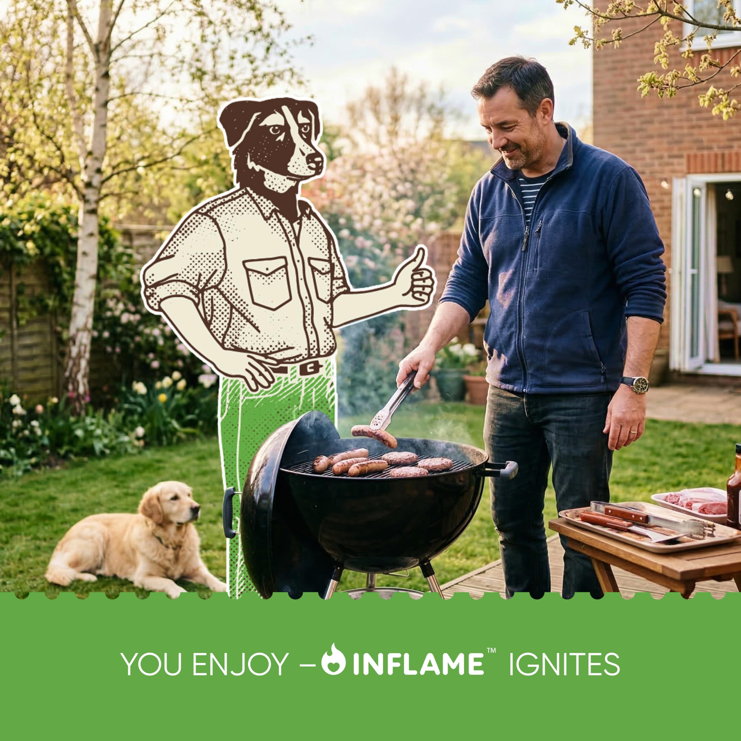Inflame Fire Starters displayed with outdoor cooking gear