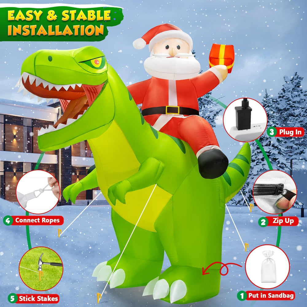 Inflatable dinosaur decoration being set up with stakes