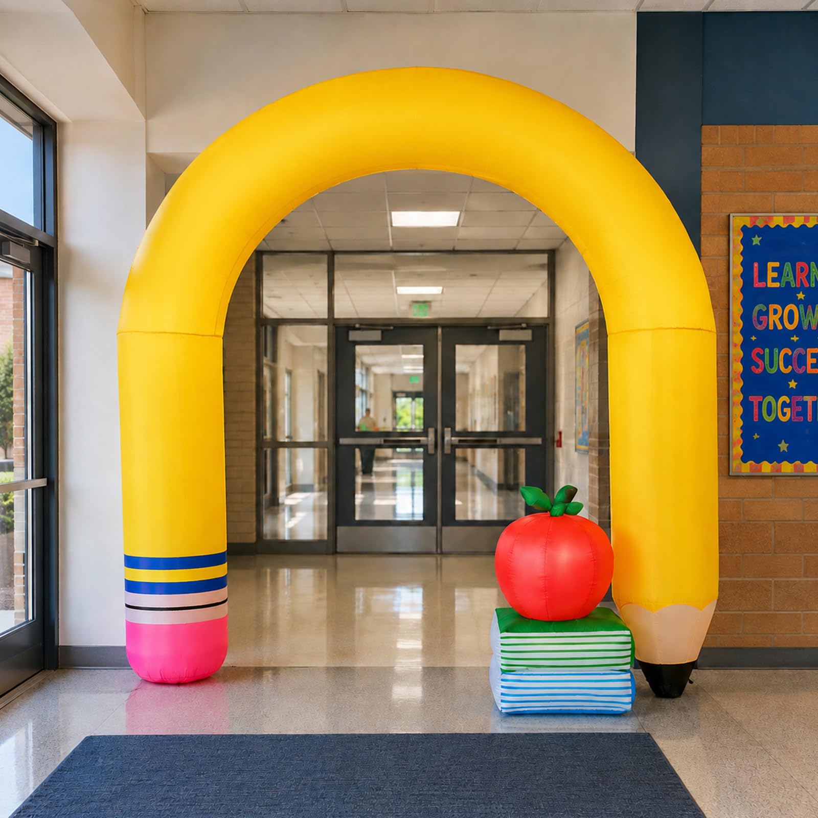 Inflatable pencil arch during the evening with LED lights on