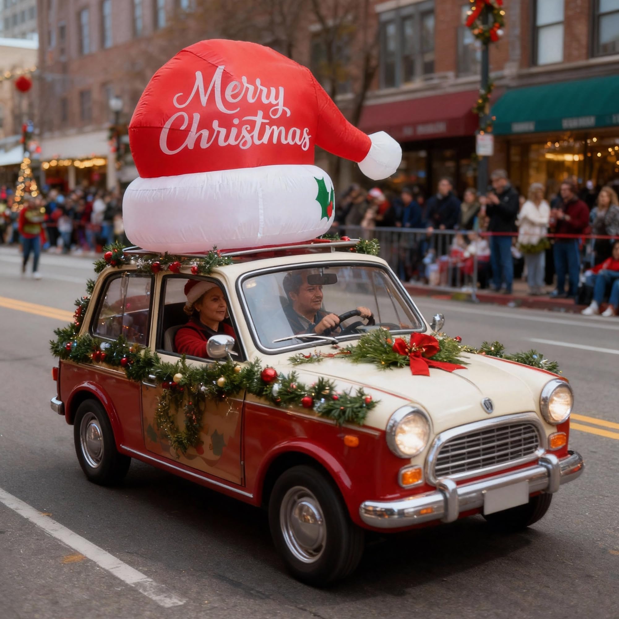 Inflatable Santa hat being set up on a golf cart