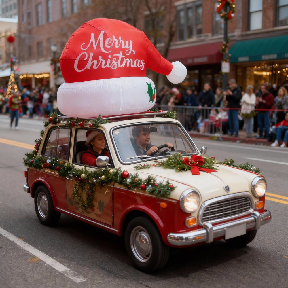 Inflatable Santa hat being set up on a golf cart