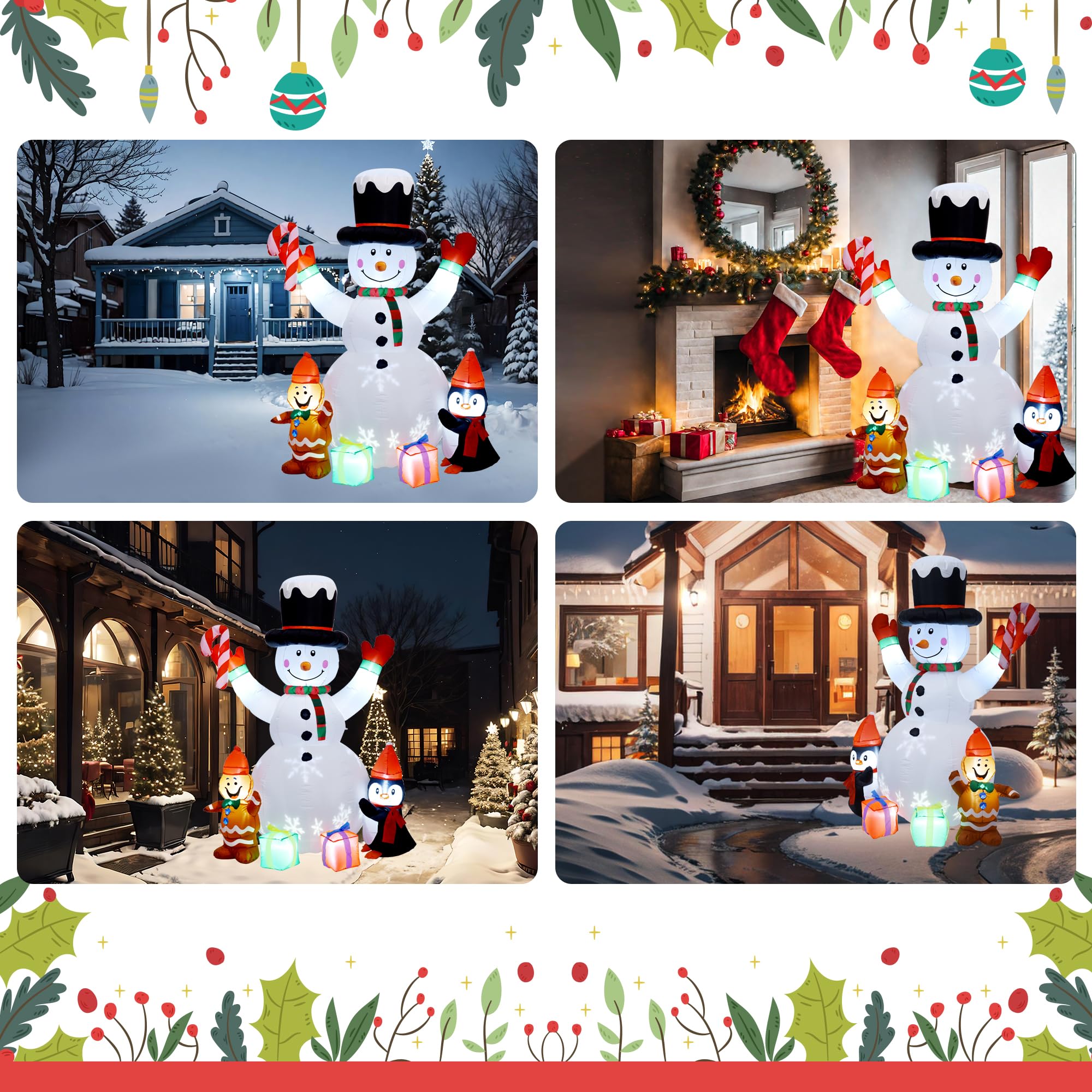 Inflatable snowman secured with ground stakes
