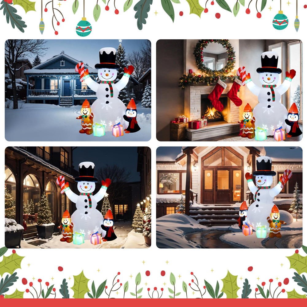 Inflatable snowman secured with ground stakes