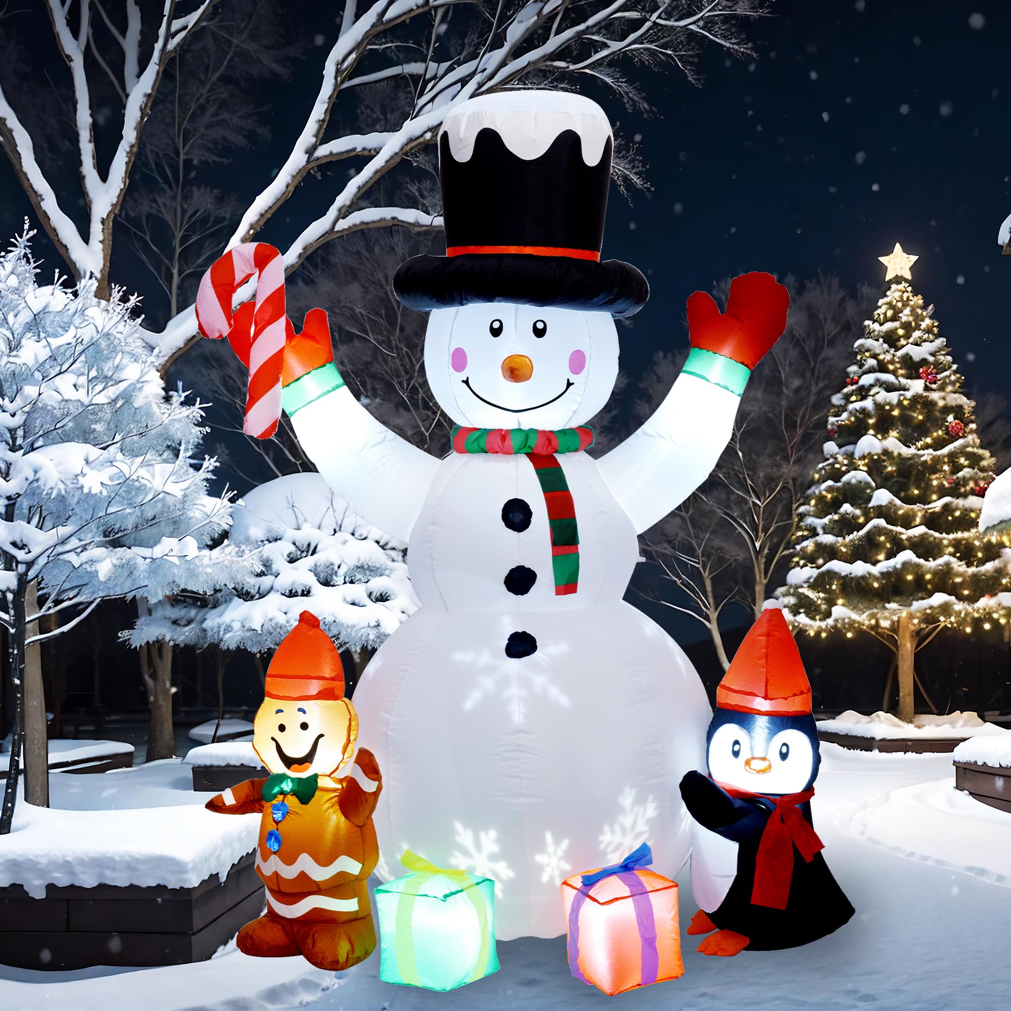 Inflatable snowman with snowflake projection lights