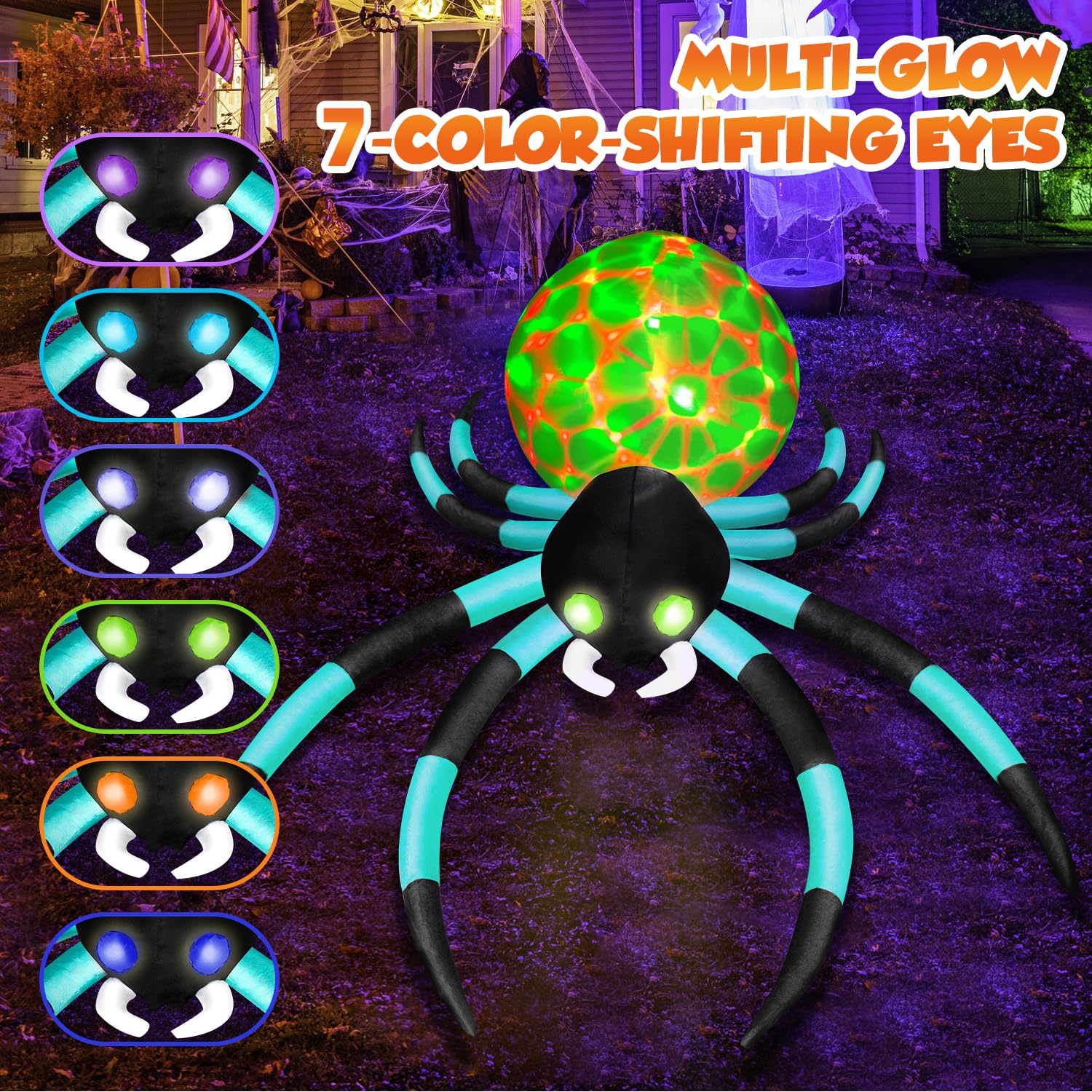 Inflatable spider setup in a yard during Halloween night