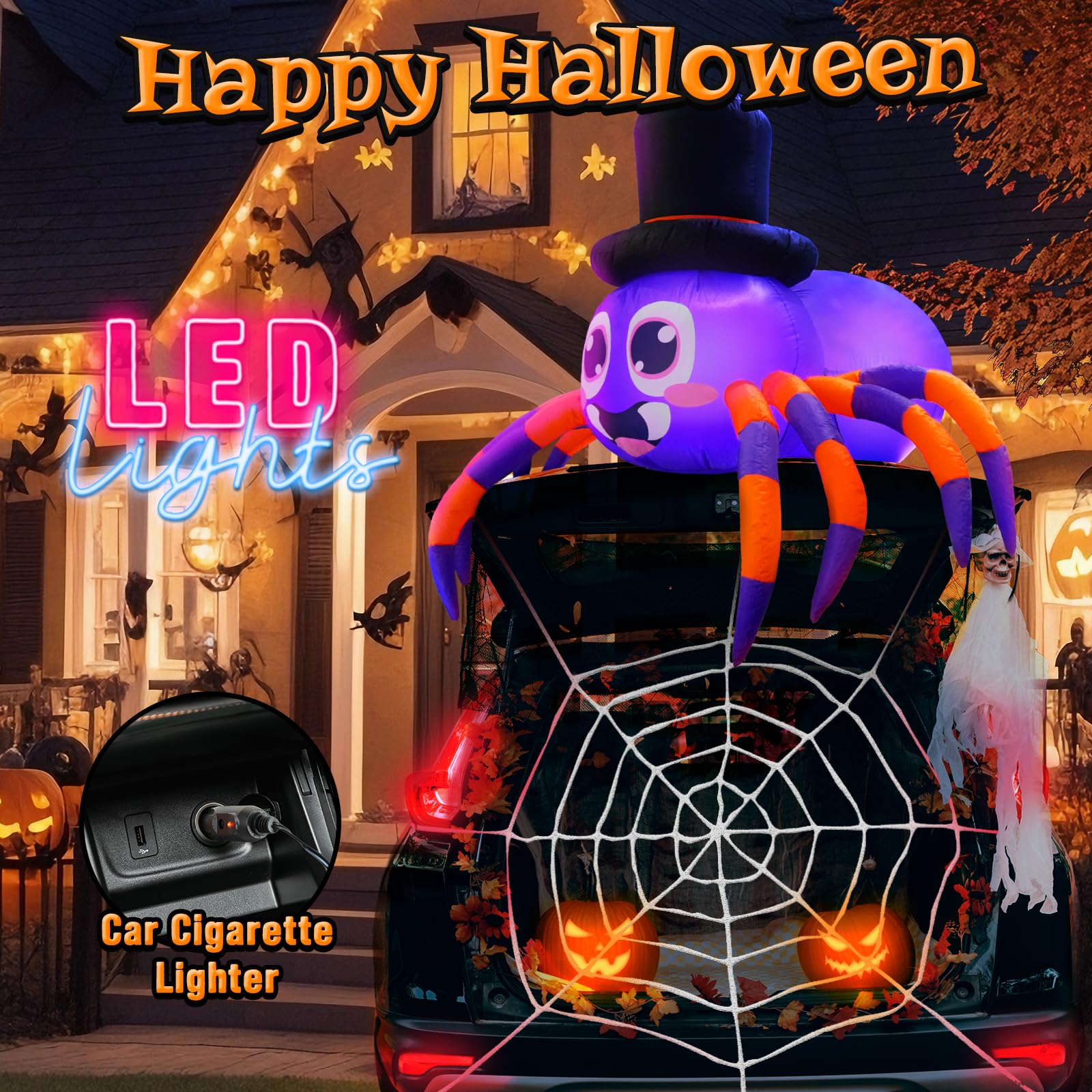 Inflatable spider with spider web and LED lights for Halloween