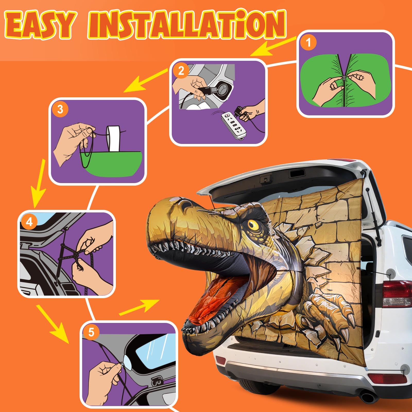 Inflatable T-Rex Halloween decoration during the day