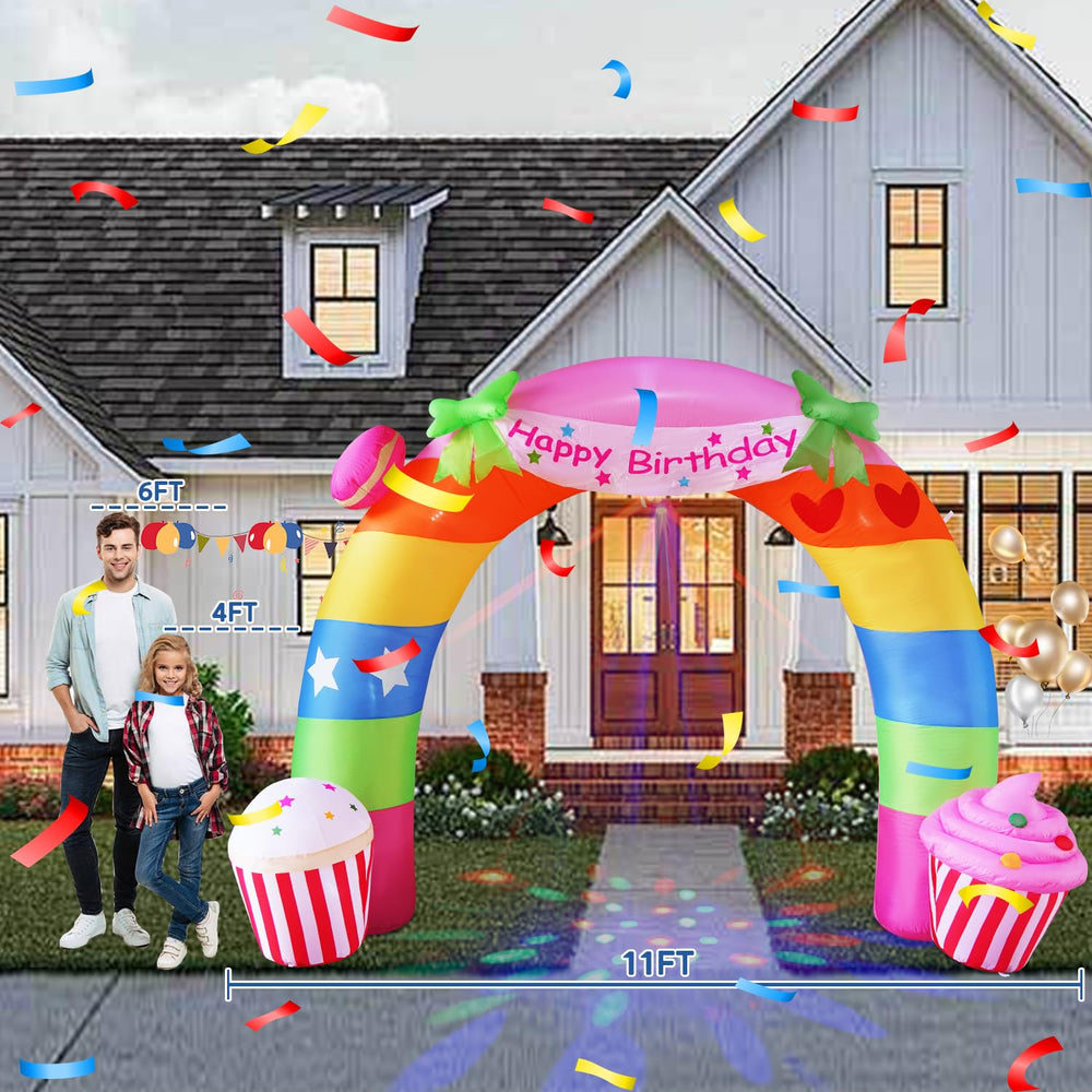 InfleasJoiy inflatable birthday arch set up in a garden