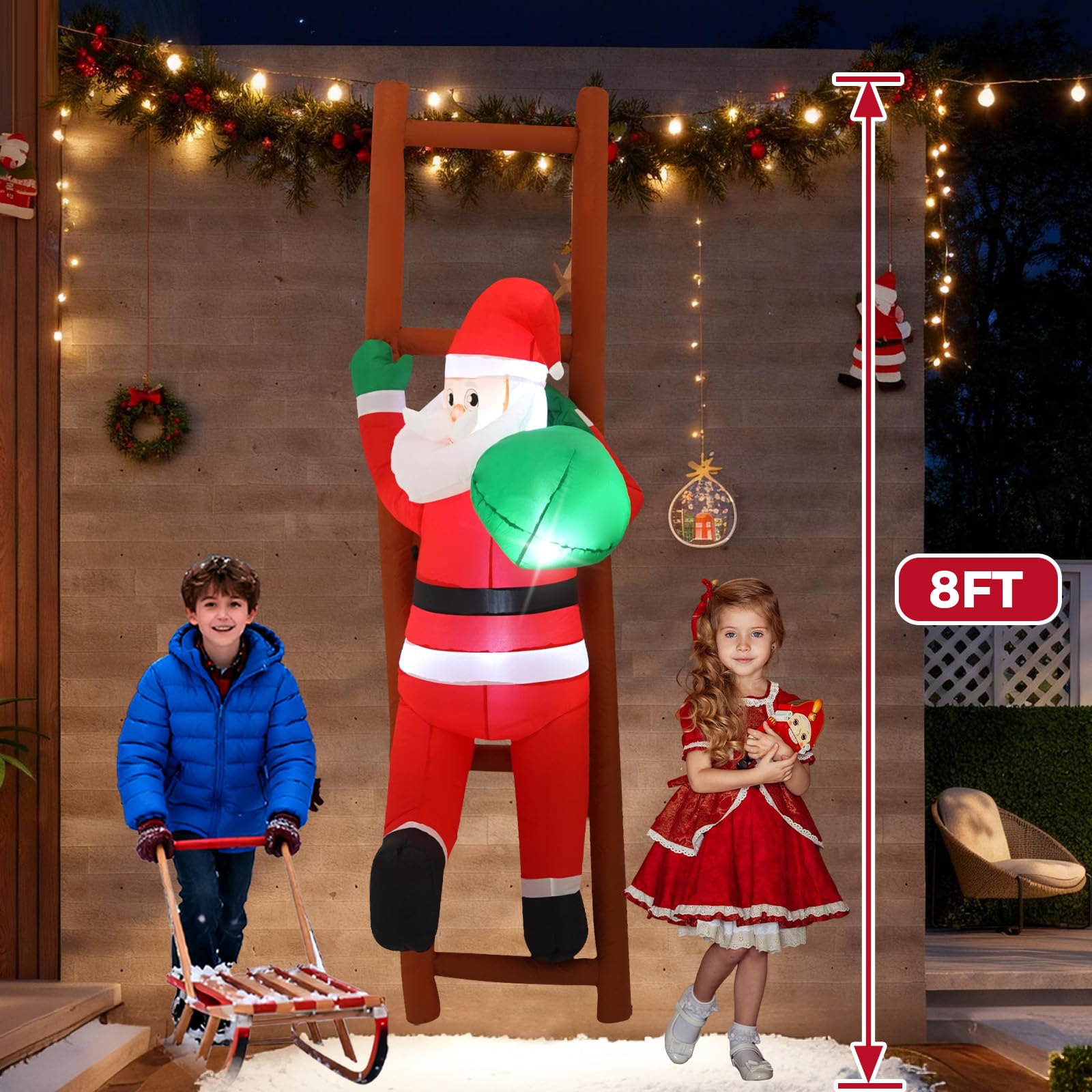 InfleasJoiy inflatable Santa Claus in garden at night with lights on