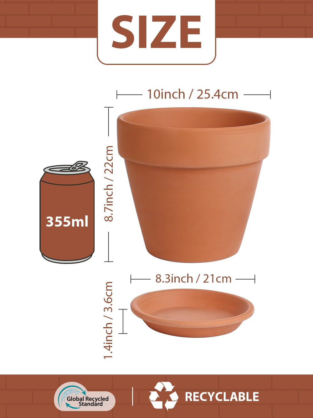INGOFIN 10 inch ceramic pot side view showcasing drainage hole