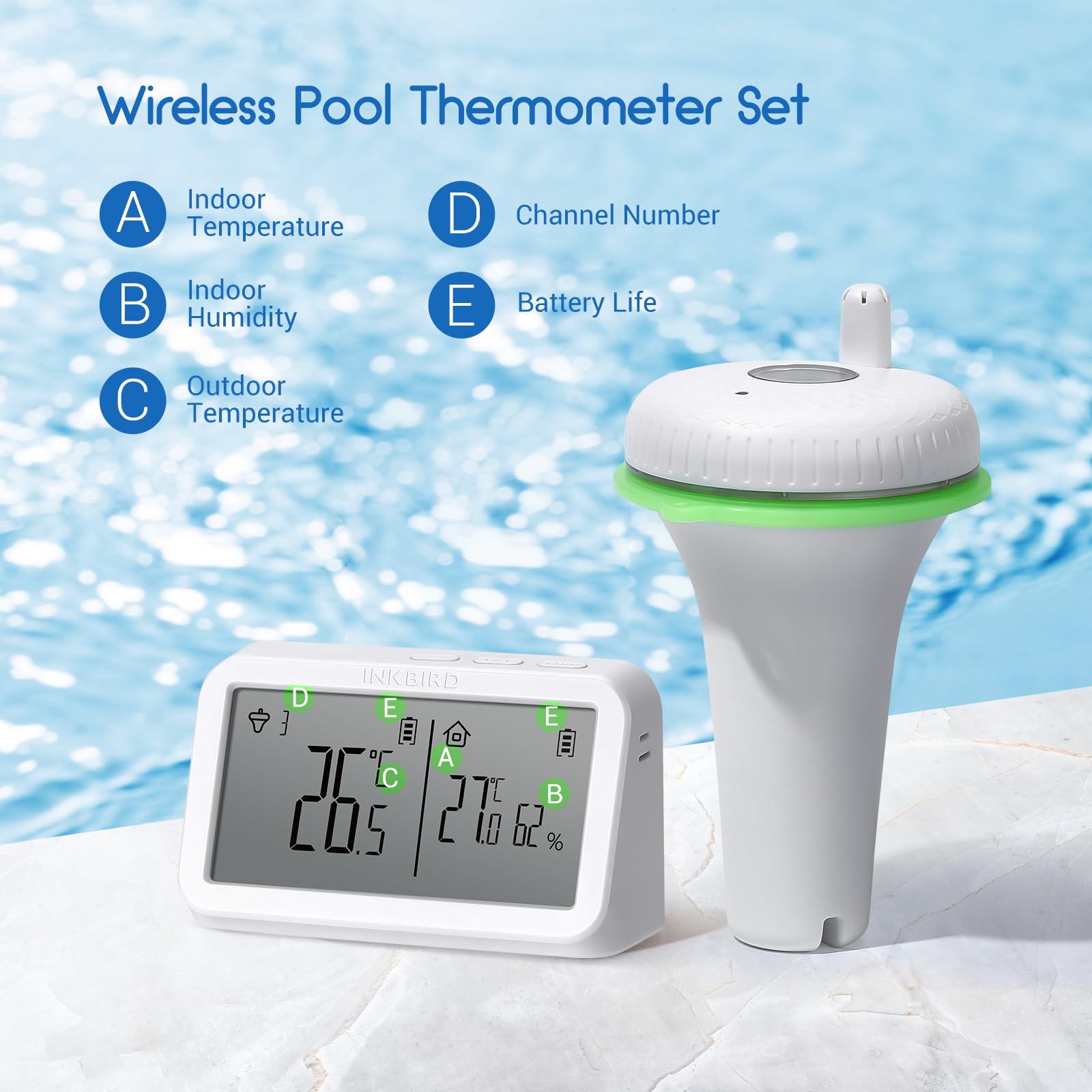 Inkbird IBS-P02R thermometer floating in a pool