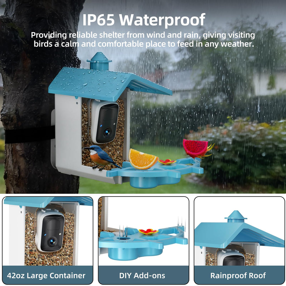 INKCKU Bird Feeder Camera with mobile app interface showing bird species