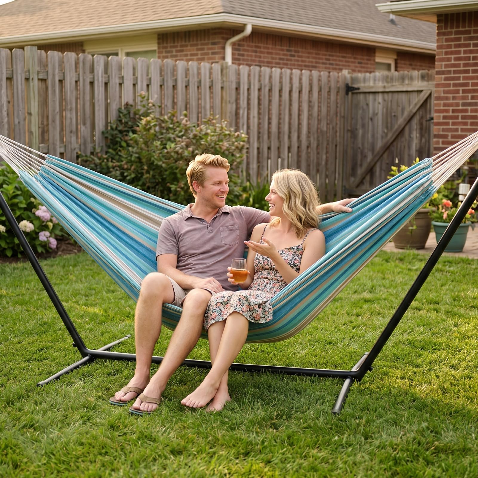 INNO STAGE Double Hammock set up outdoors with trees