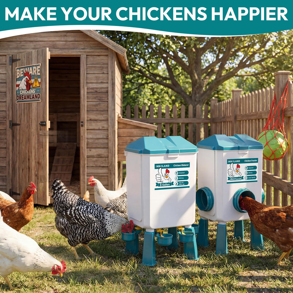 INNOLAND Chicken Feeder and Waterer Set in a chicken coop setting