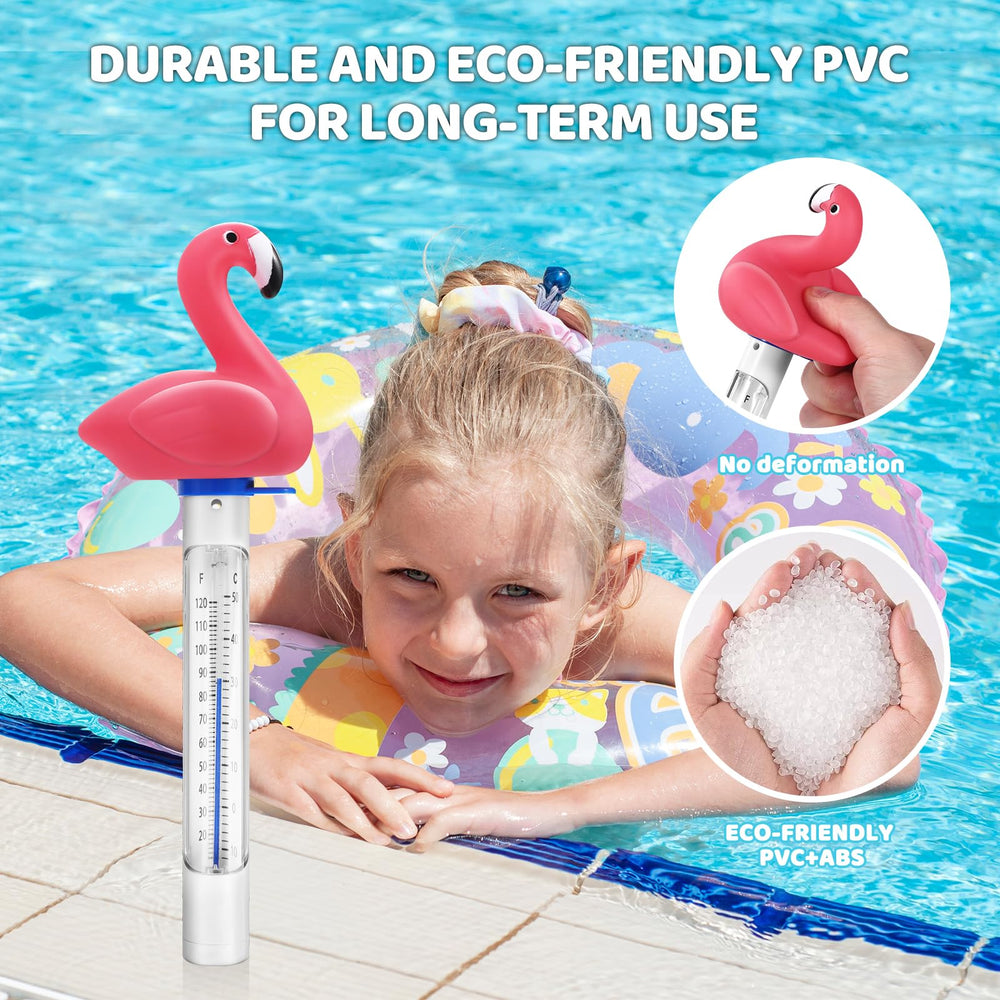 Inpool Flamingo Pool Thermometer on a patio table