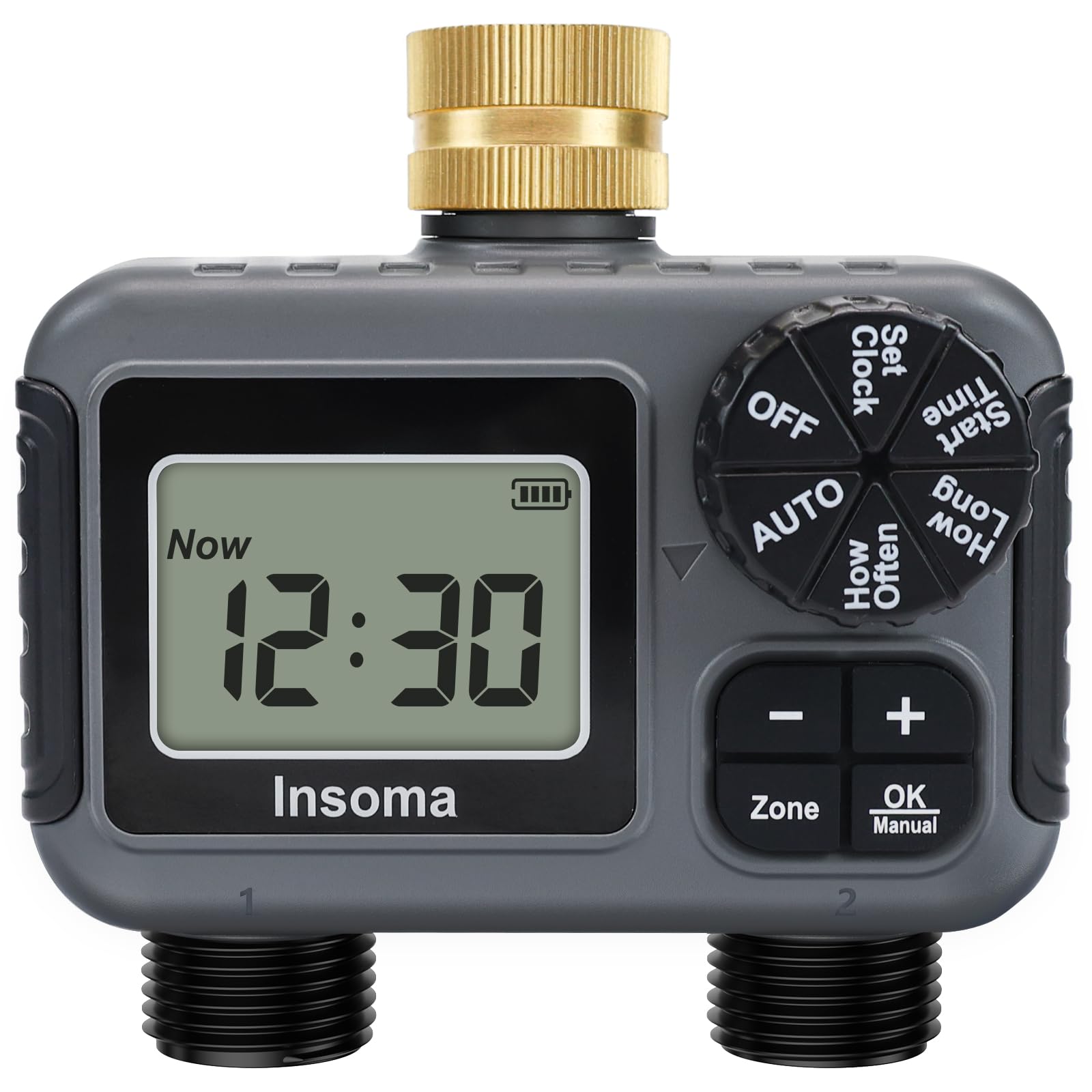 Insoma 2-Zone Hose Timer front view with brass inlet