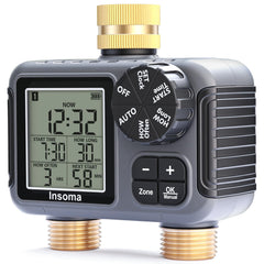 Insoma 2-Zone Sprinkler Timer front view with large LCD display