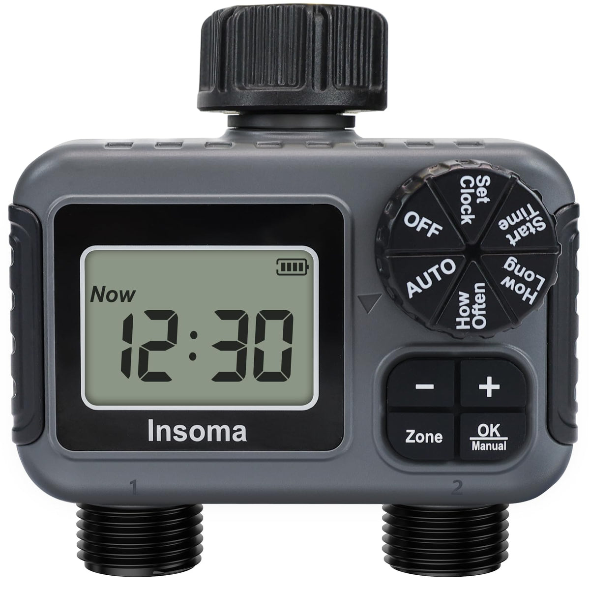 Insoma 2-Zone Sprinkler Timer front view with LED display