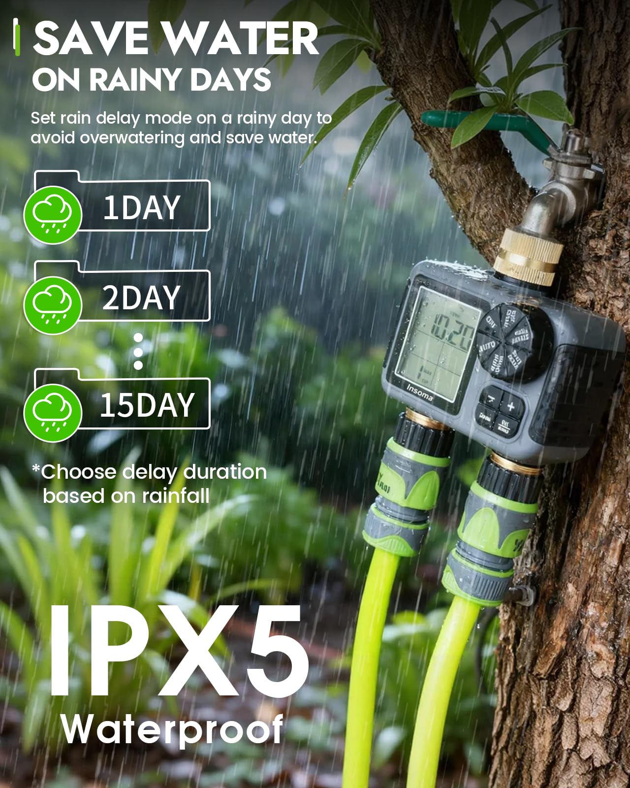 Insoma 2-Zone Sprinkler Timer in garden setting with hoses