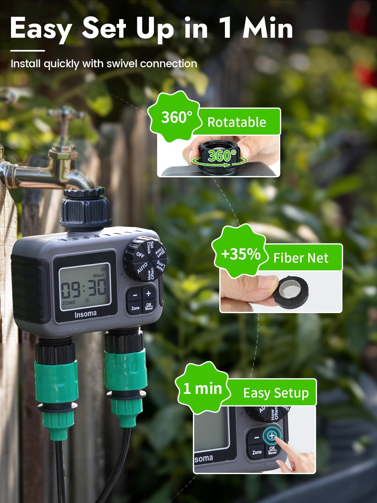 Insoma 2-Zone Sprinkler Timer packaging with product details