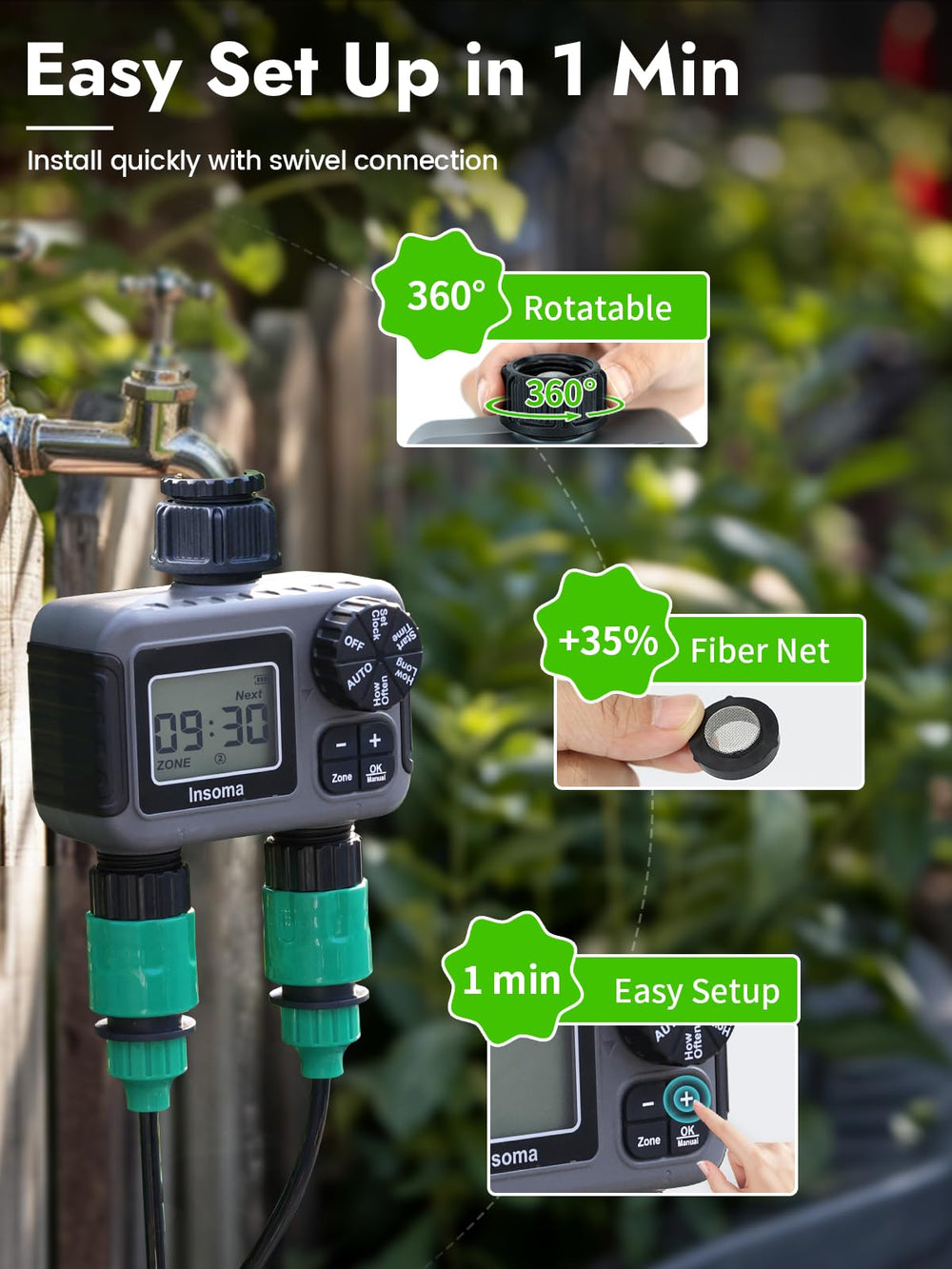 Insoma 2-Zone Sprinkler Timer packaging with product details