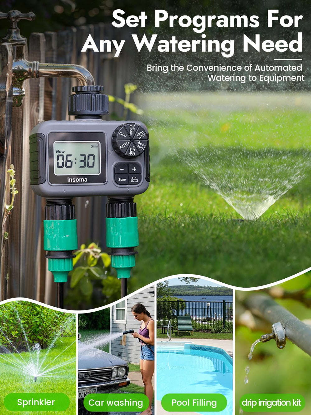 Insoma 2-Zone Sprinkler Timer showing leak-proof design features