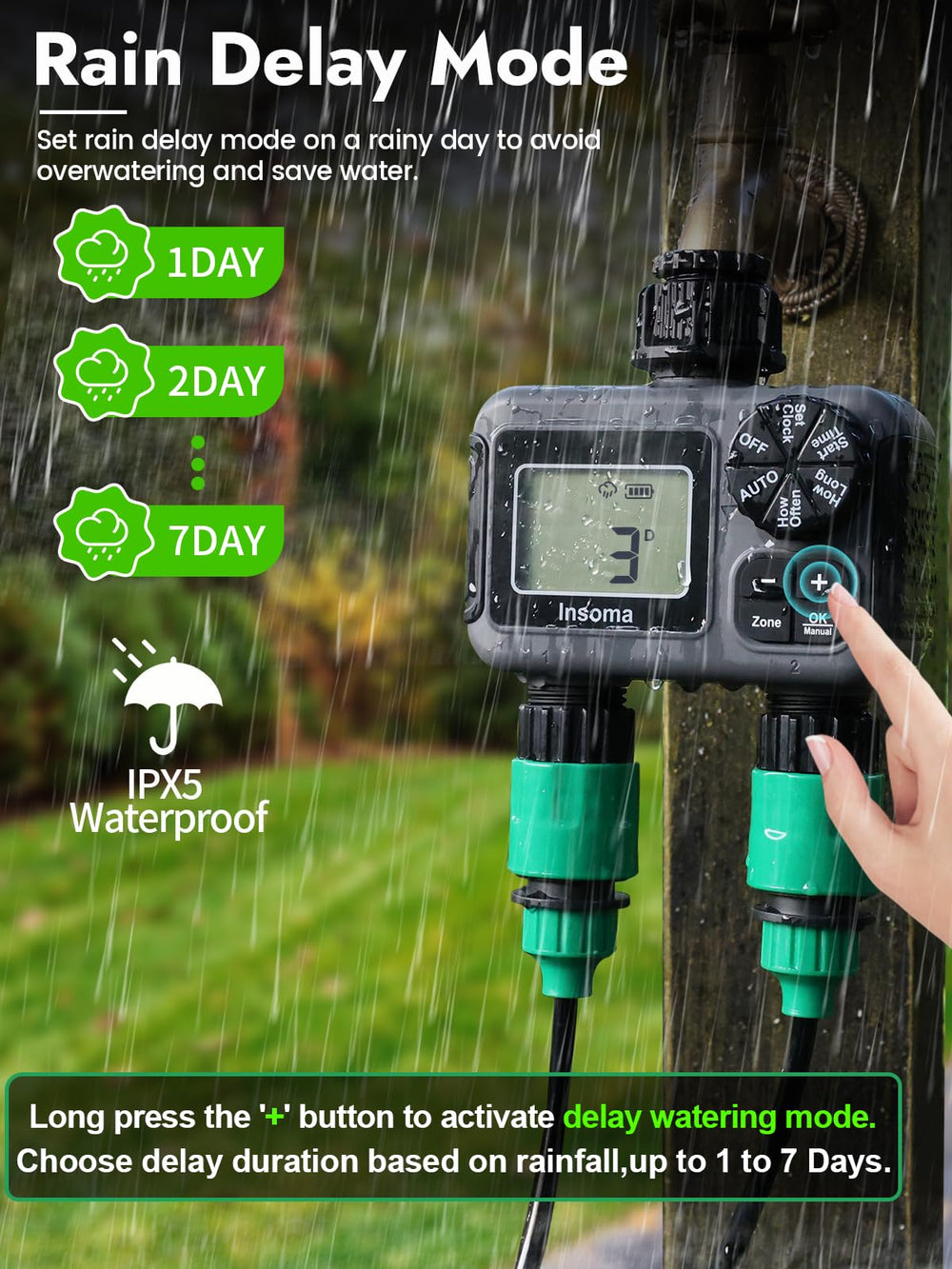 Insoma 2-Zone Sprinkler Timer shown in a garden setting