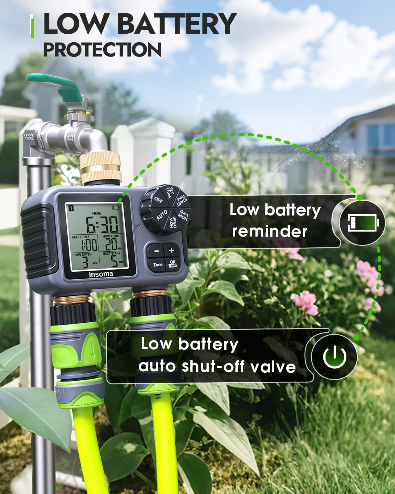 Insoma 2-Zone Sprinkler Timer waterproof features highlighted