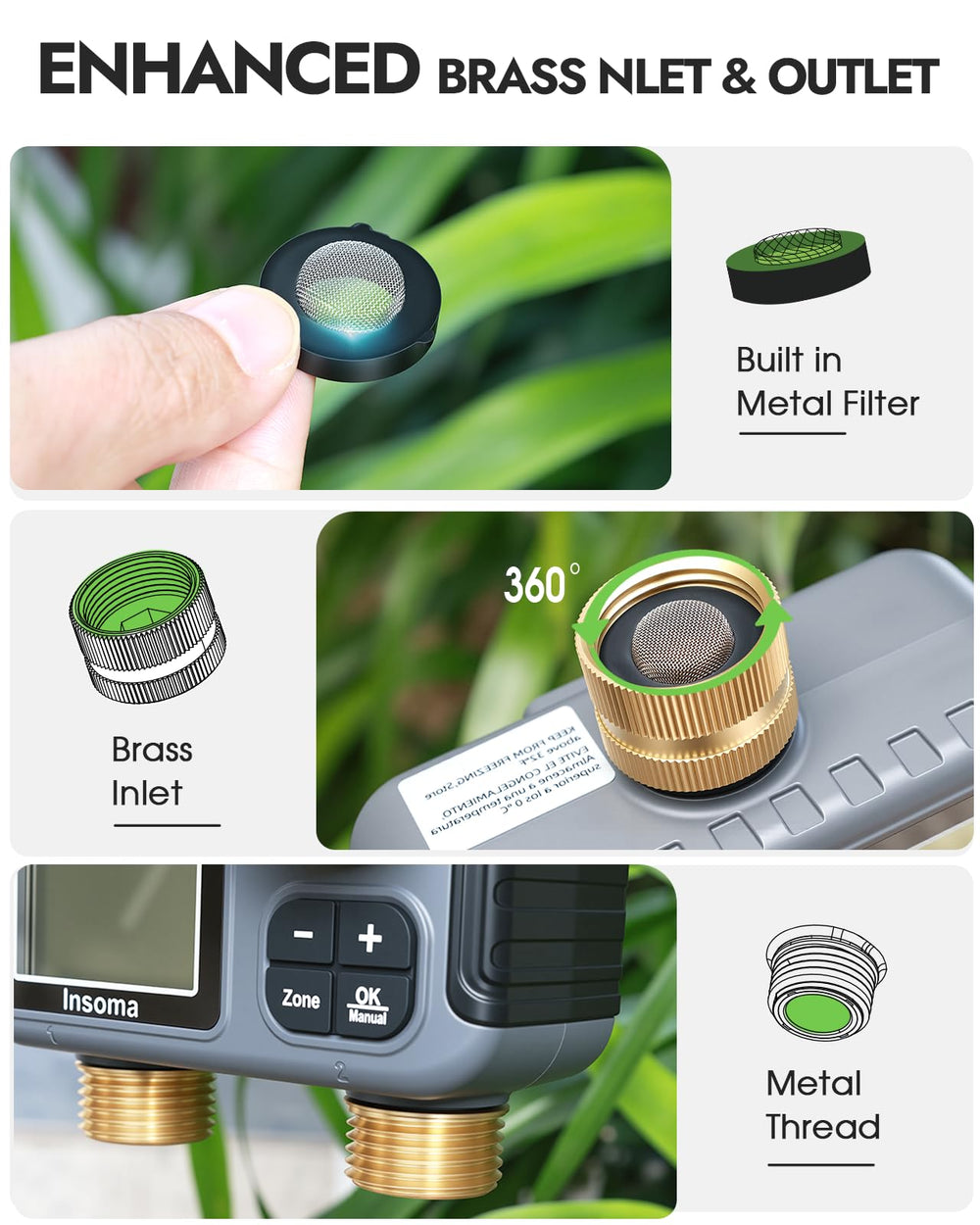 Insoma 2-Zone Sprinkler Timer with brass inlet and outlet