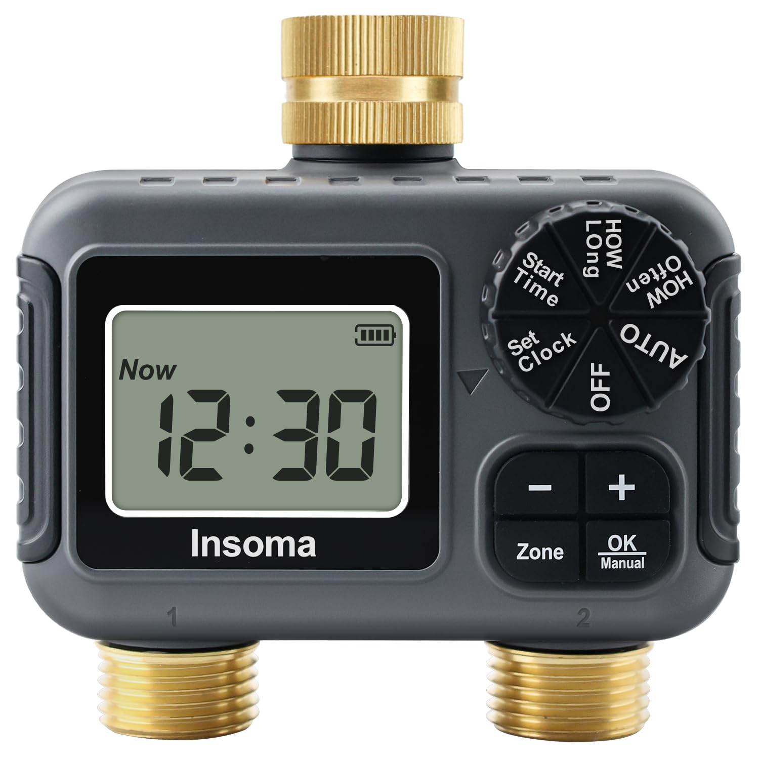 Insoma 2-Zone Water Timer front view with brass inlet and outlet