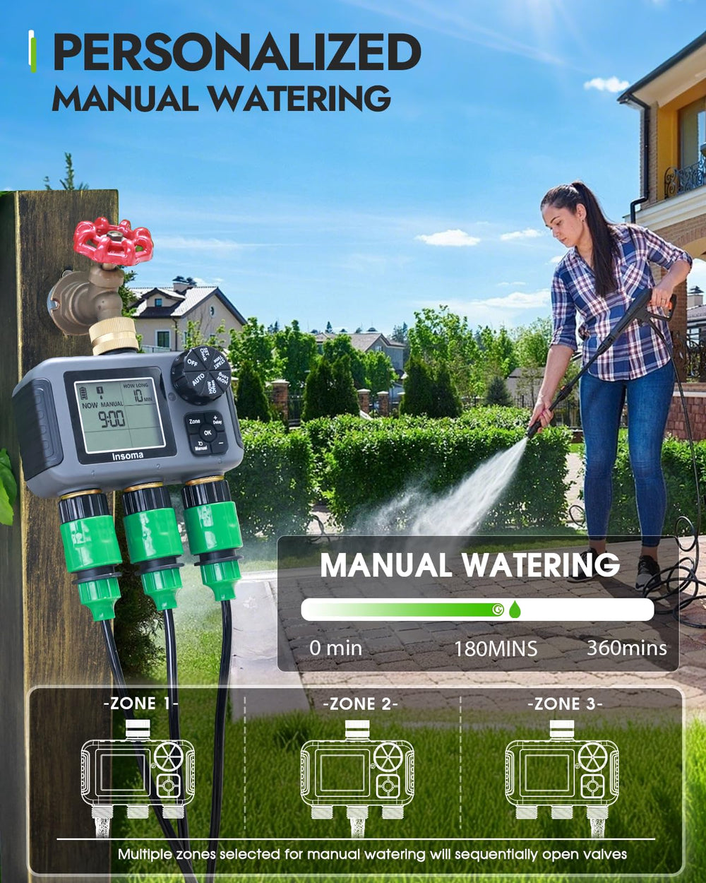 Insoma 3 Outlet Sprinkler Timer in garden setting