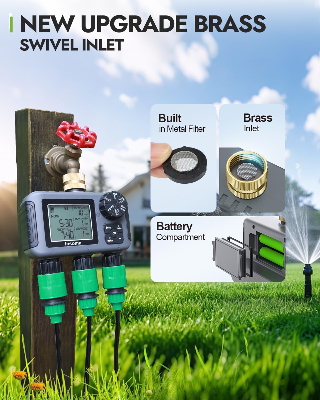 Insoma 3-Zone Sprinkler Timer showing brass inlet detail
