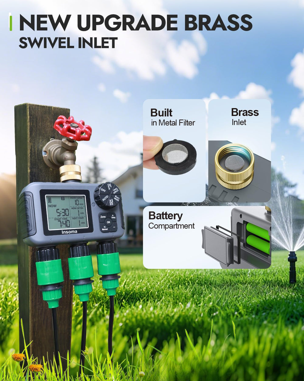 Insoma 3-Zone Sprinkler Timer showing brass inlet detail