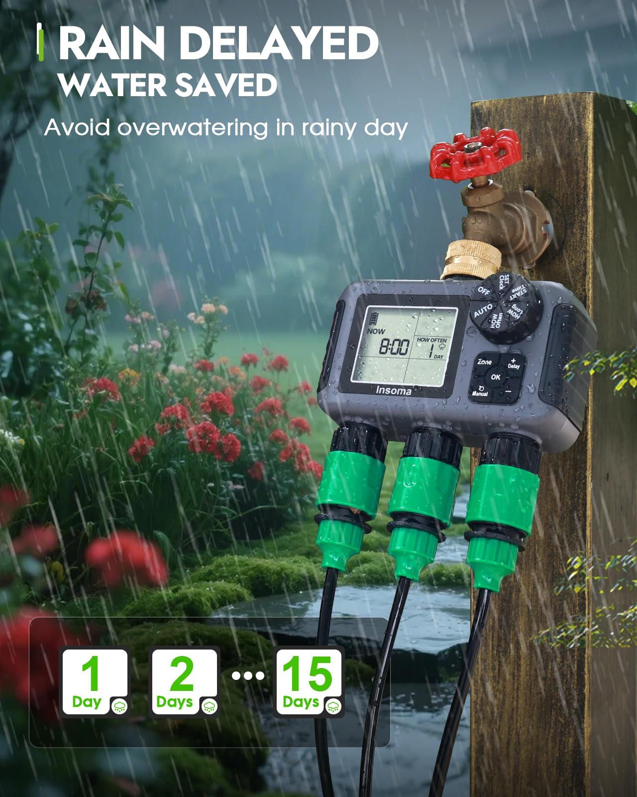 Insoma 3-Zone Sprinkler Timer with manual watering feature highlighted