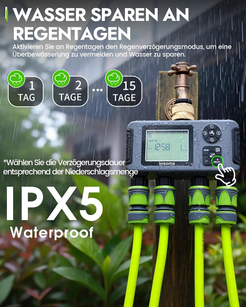 Insoma 4-Zone Water Timer in use during watering