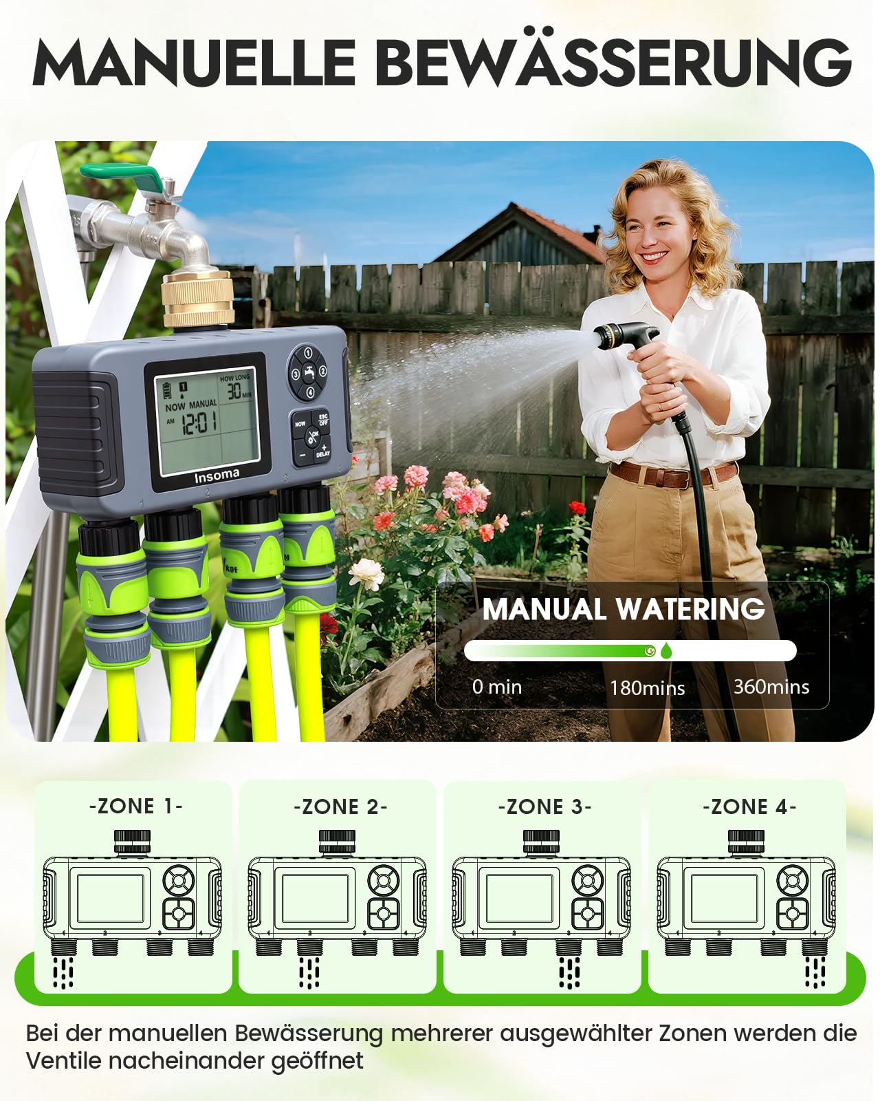 Insoma 4-Zone Water Timer installed on garden faucet